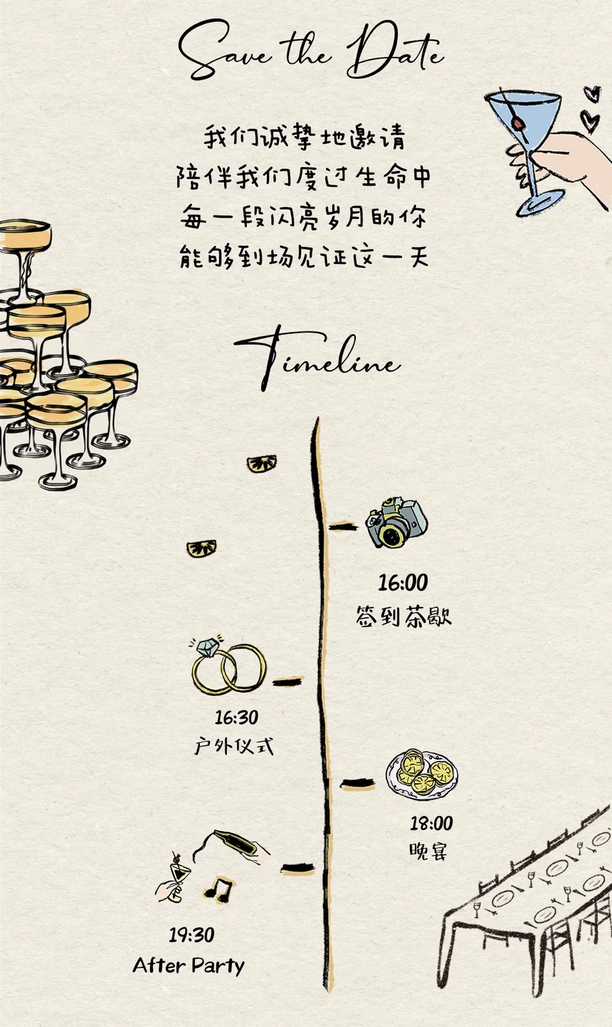 Save the Date：我们诚挚地邀请陪伴我们度过生命中每一段闪亮岁月的你能够到场见证这一天。Timeline：16:00 签到茶歇 / 16:30 户外仪式 / 18:00 晚宴 / 19:30 After Party